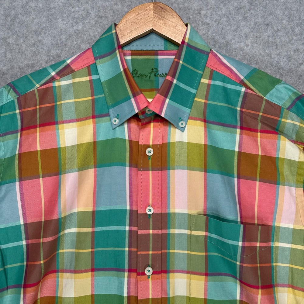 Alan Flusser Mens Large Plaid Button Down Shirt Multi Color Cotton Long Sleeve